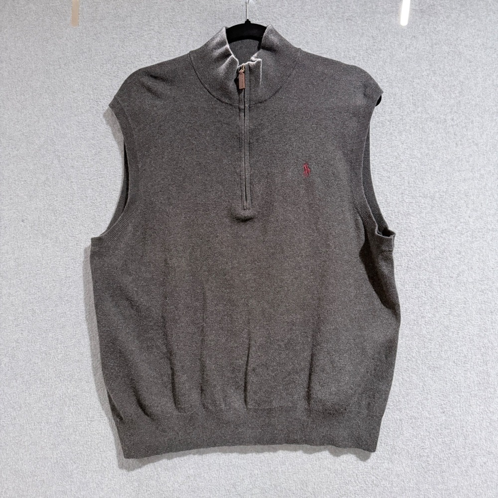 Polo Ralph Lauren Mens Gray Pima Cotton 1/4 Zip Sweater Vest Medium Logo vintage